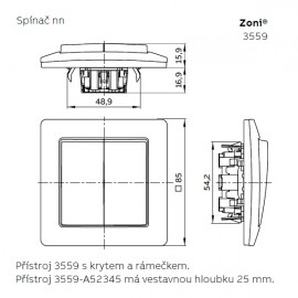 Kryt vypínače ABB ZONI 3559T-A00651 rozměry