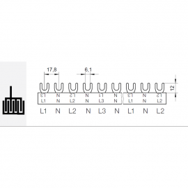 Propojovací lišta na proudové chrániče 56 modulů, třífázová, 4pólová (L1+N-L2+N-L3+N)