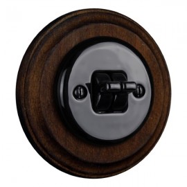 Kulatý keramický vypínač RETRO KERAMIK č.5 s páčkou, černá / tmavé dřevo - komplet
