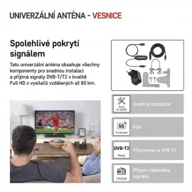 Anténa univerzální VILLAGE MOON–V900, DVB-T2, FM, DAB, filtr LTE/4G/5G + koax. kabel 5m